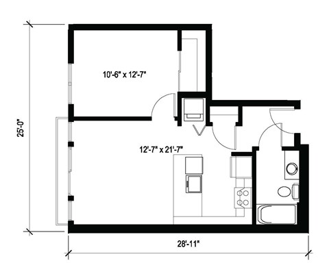 A black and white floor plan of a room with dimensions and furniture layout.